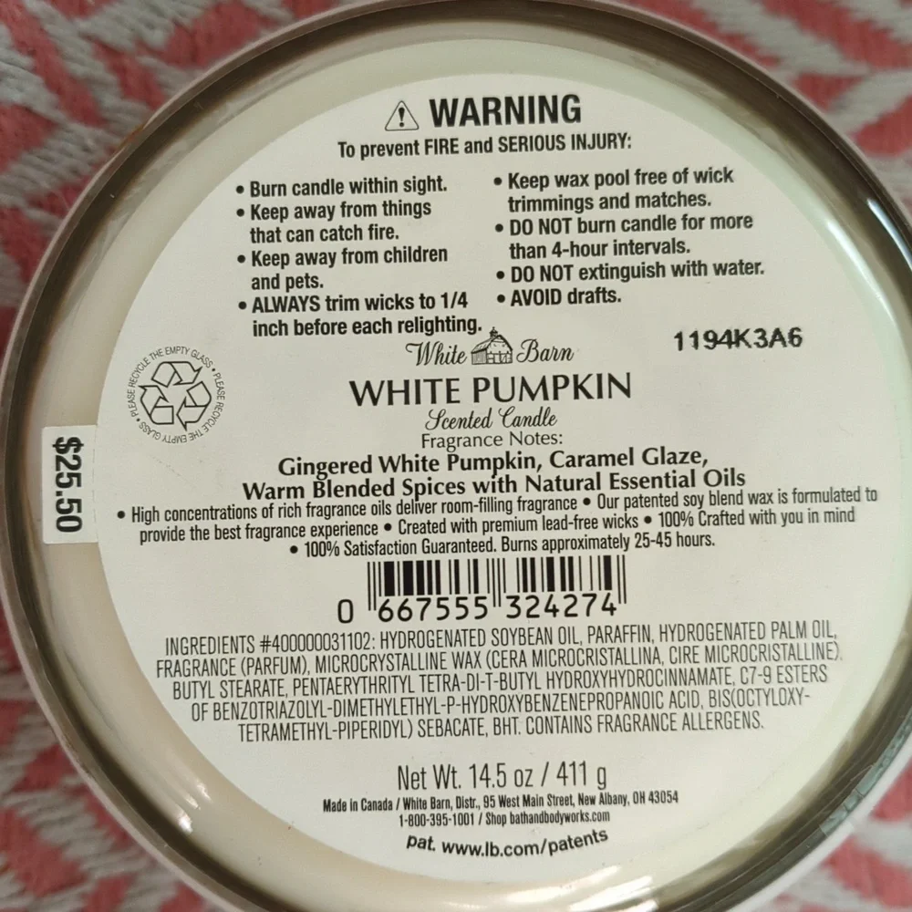 NWT White Barn BBW Bath and Body Works 3-Wick Candle White Pumpkin